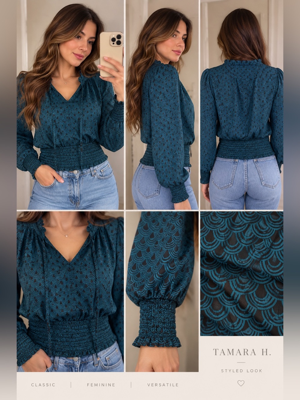 Tamara H. Teal Patterned Smocked-Waist V-Neck Blouse